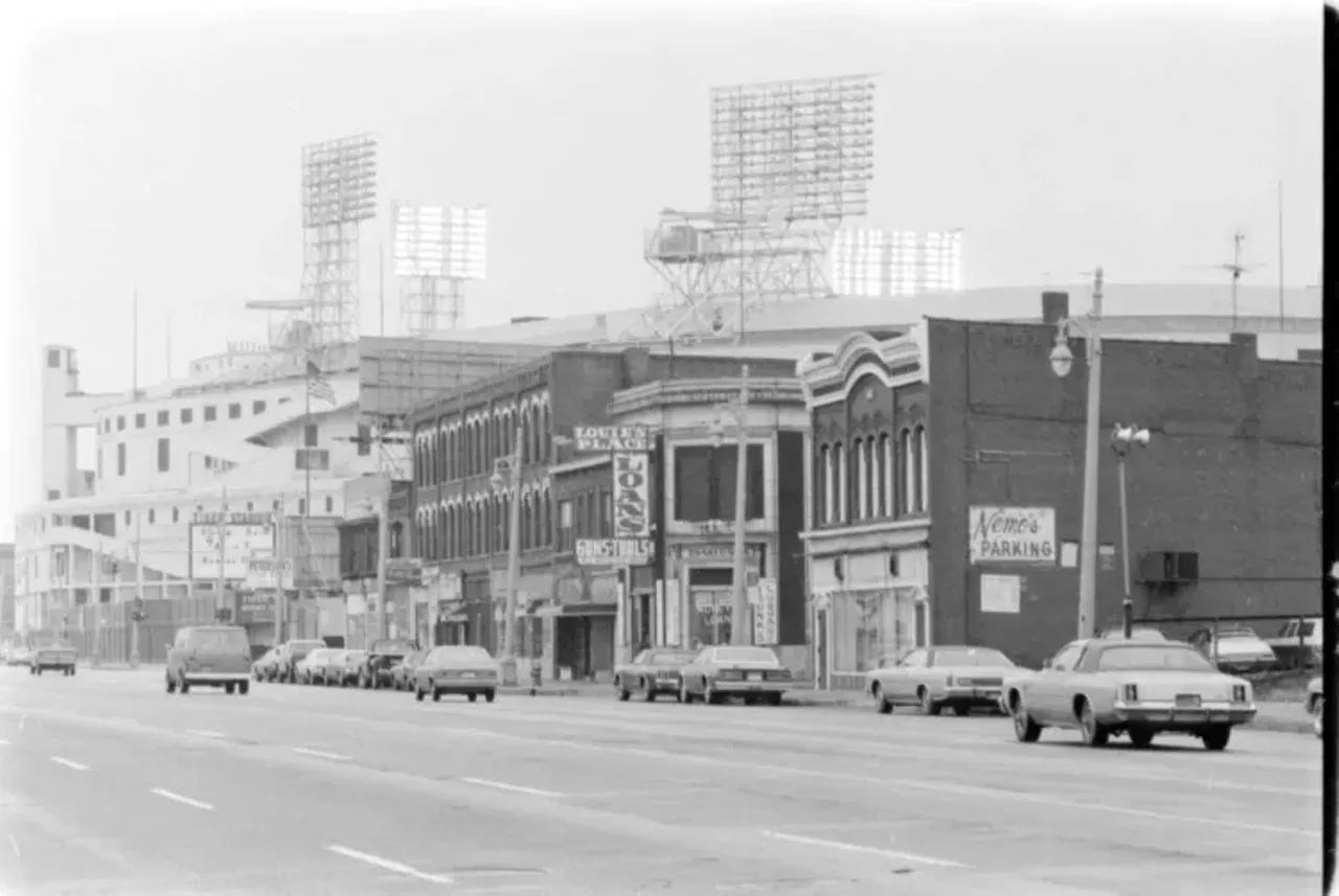 The lights of Tiger Stadium dominate the view down Michigan Ave.