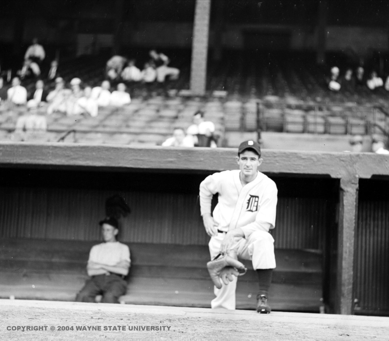 Pitcher Elden Auker, who struck out Babe Ruth in his first appearance on the mound for the Tigers, in the Navin Field dugout.