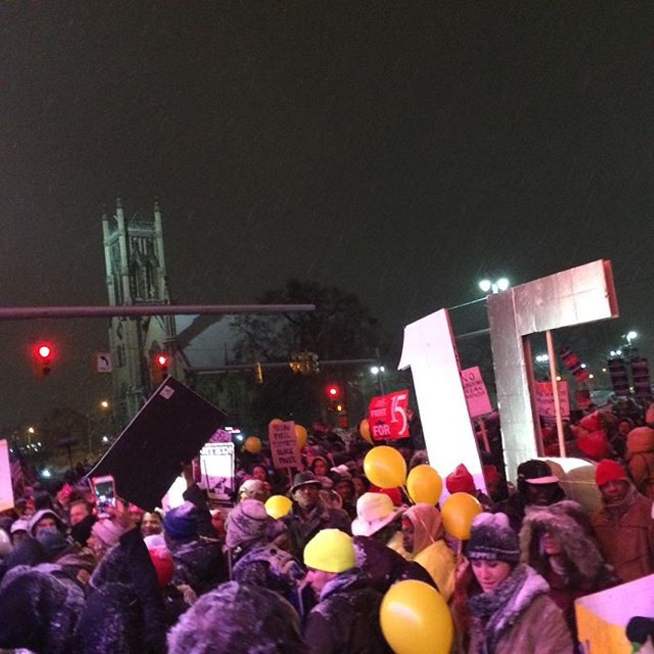 The Fight for $15 movement was well represented among the protesters on Woodward, carrying signs demanding a higher minimum wage and an end to stagnant working class pay.
Photo via Instagram user @joemyersflieshigher