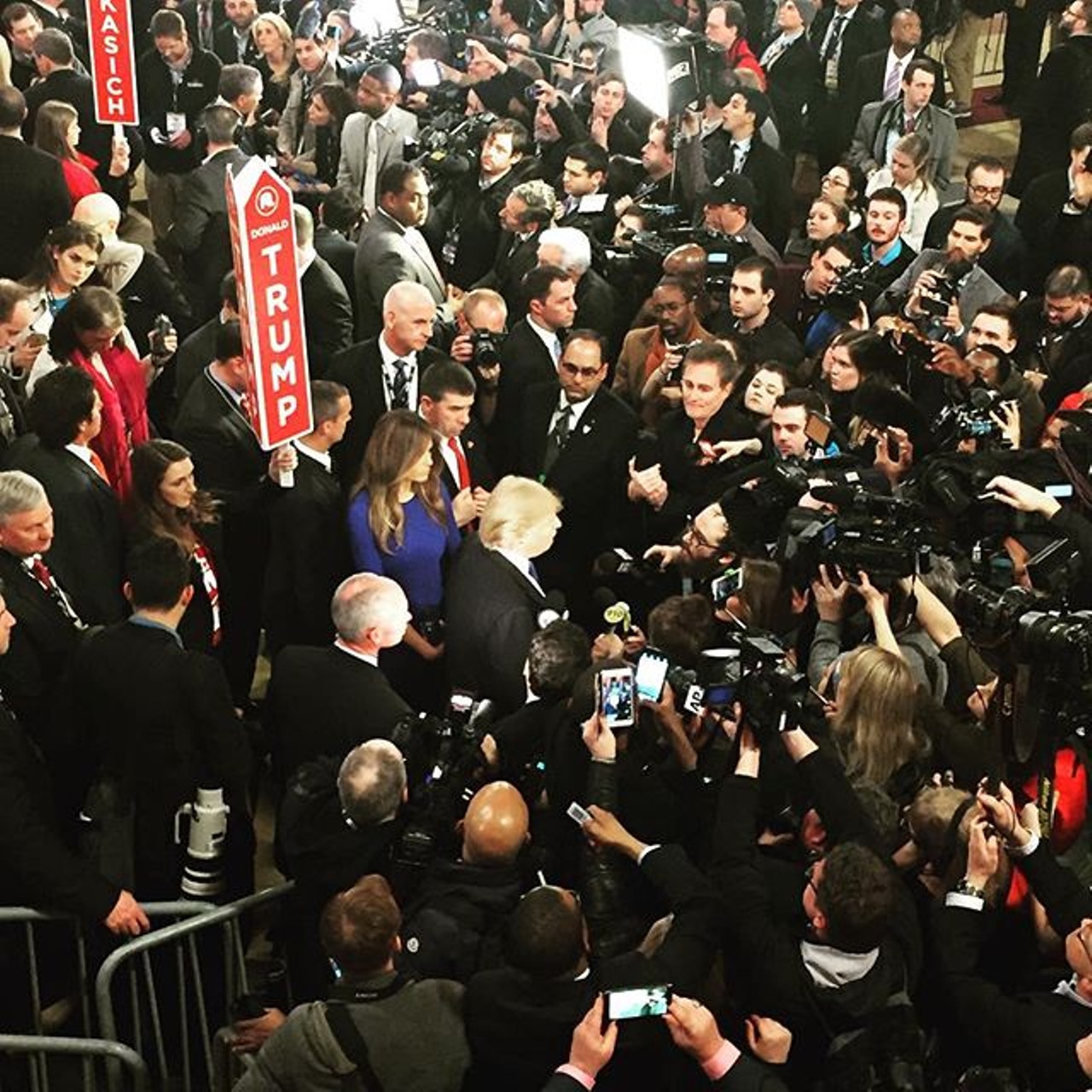 After the debate, reporters swarmed around Donald Trump for one last picture or comment from the bombastic candidate. Photo via Instagram user @ShannonBream
