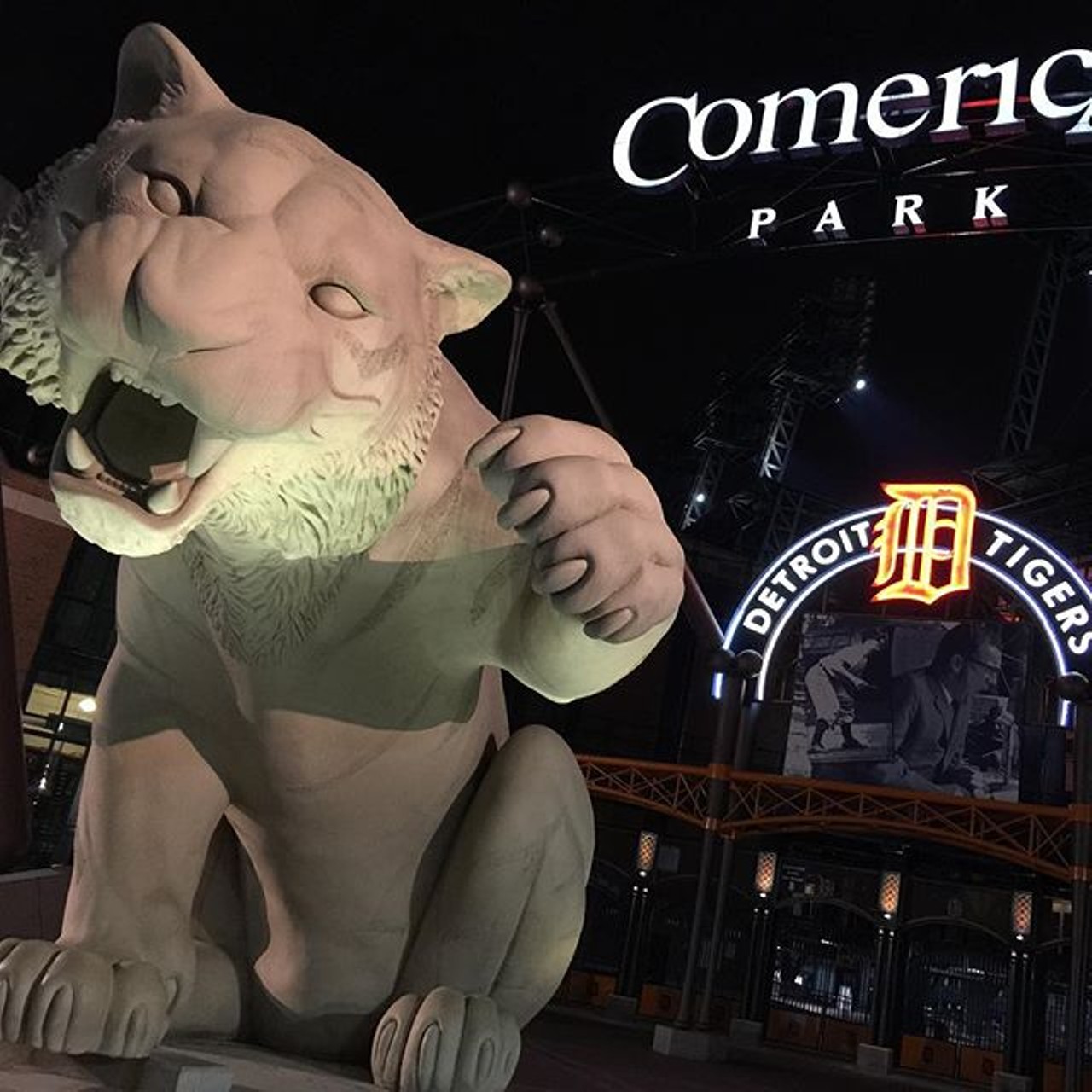 Comerica Park Tiger
Probably one of the most common places for a photo-op is with the giant Tiger in front of Comerica Park. Tourists and baseball fans gather under the massive wildcat, SnapChatting and Instagramming to their hearts content. Again, if you don&#146;t mind spectators, get to first base under the nameless tiger&#146;s paw; 2100 Woodward Ave.: detroit.tigers.mlb.com/det/ballpark/. (Photo courtesy of instagram user prosportszone)