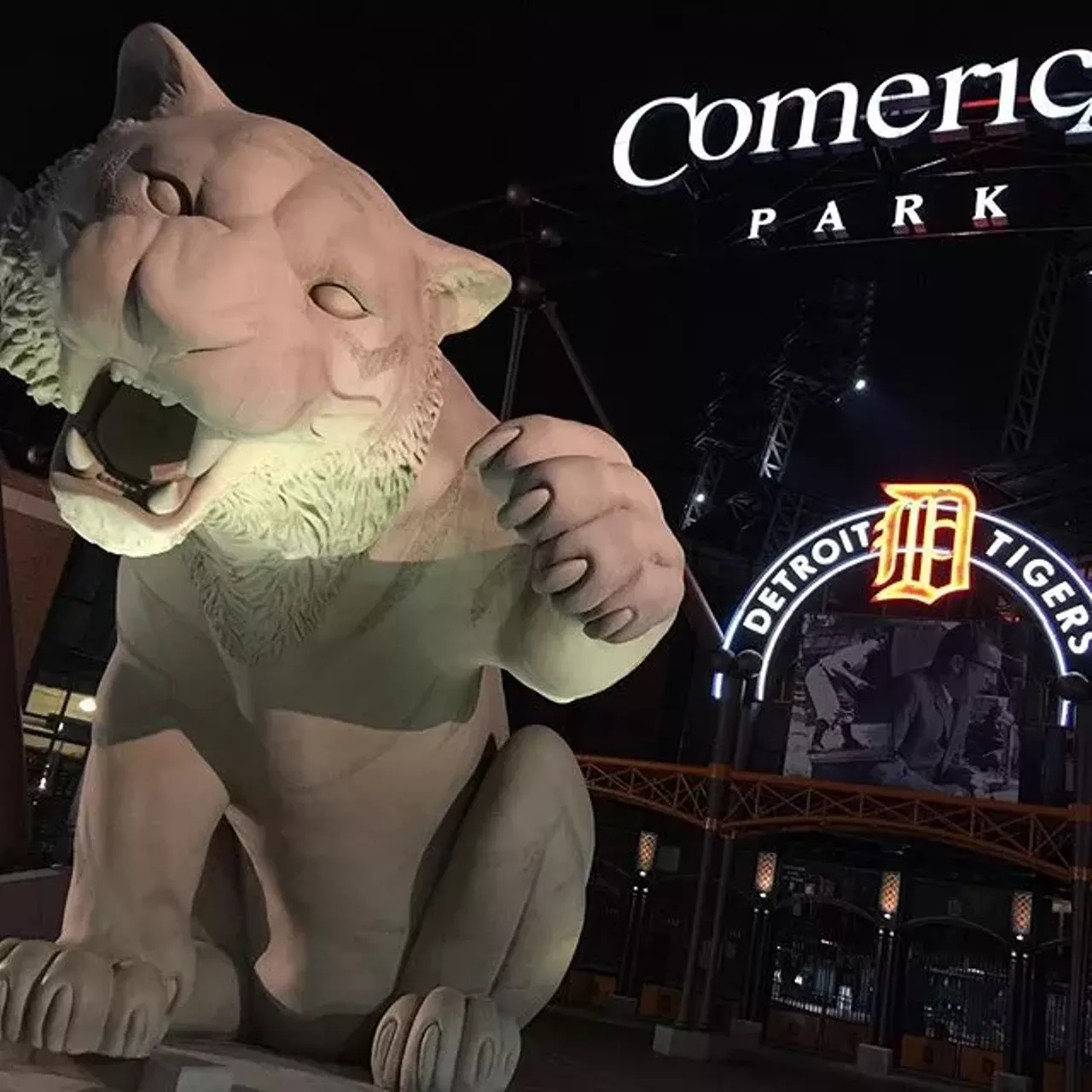 Comerica Park Tiger Probably one of the most common places for a photo-op is with the giant Tiger in front of Comerica Park. Tourists and baseball fans gather under the massive wildcat, SnapChatting and Instagramming to their hearts content. Again, if you don&#146;t mind spectators, get to first base under the nameless tiger&#146;s paw; 2100 Woodward Ave.: detroit.tigers.mlb.com/det/ballpark/. (Photo courtesy of instagram user prosportszone)