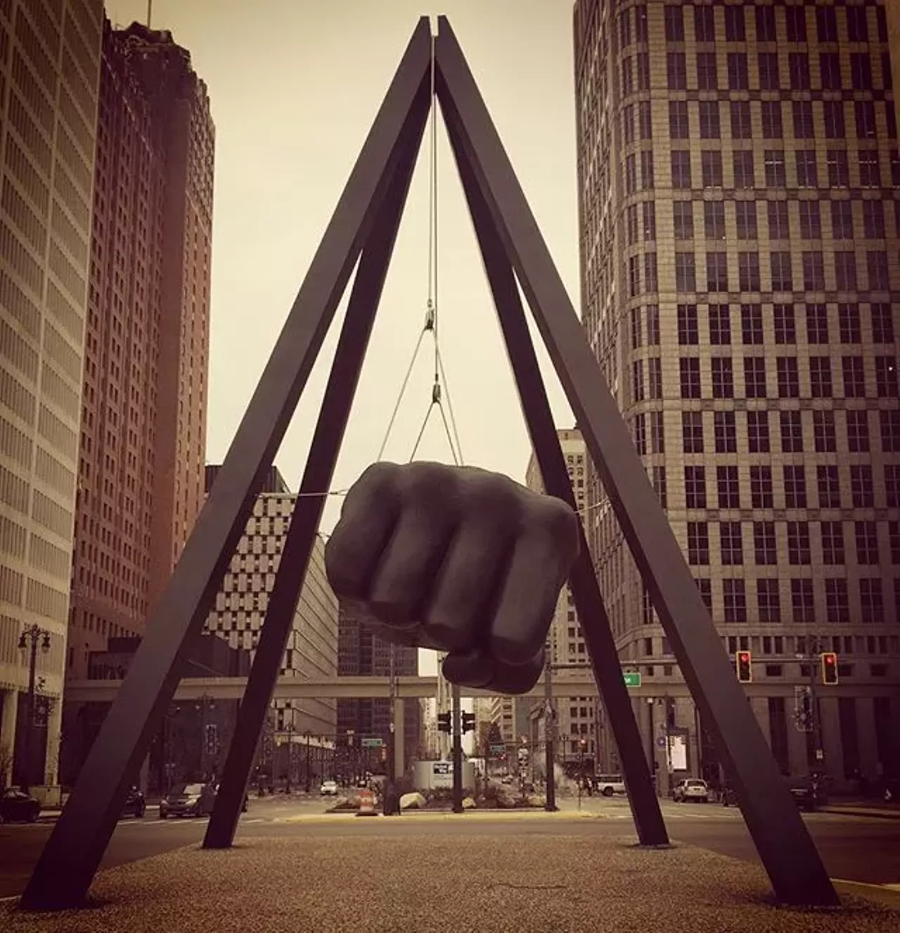 Monument to Joe Louis Close to our &#147;Jolly Green Giant,&#148; is another iconic Detroit monument - The Monument to Joe Louis, better known as &#147;The Fist.&#148; Literally a giant fist hanging in front of Hart Plaza, it provides an interesting yet photo worthy place to tongue wrestle; E. Jefferson Ave. (Photo courtesy of instagram user sidecar_tony)