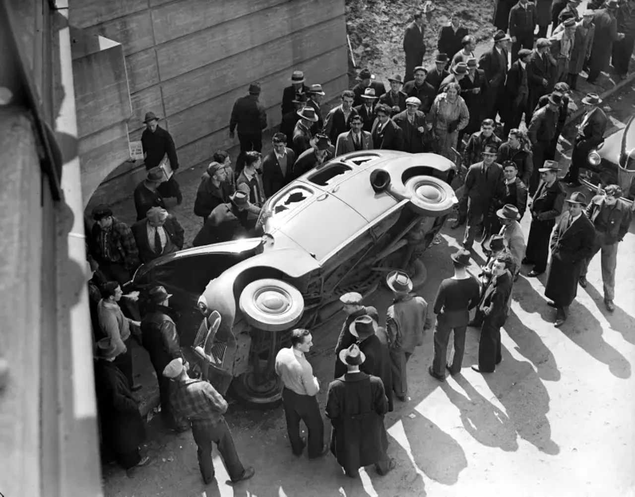 Striking employees destroy a car from Virtual Motor City (Photo credit: Detroit News Collection, Walter P. Reuther Library, Wayne State University)