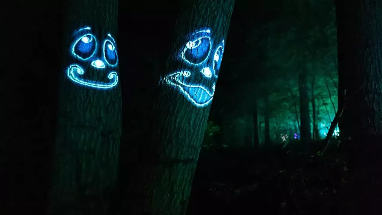 Return to Glenlore Trails Last year, Bluewater Technologies, a Southfield-based company that provides audiovisual technology for large-scale events like the North American International Auto Show, had to pivot due to the pandemic. That resulted in Glenlore Trails (3860 Newton Rd., Commerce Charter Twp.; glenloretrails.com), an immersive, illuminated experience that saw a half-mile trail in Commerce Township outfitted in custom light and sound installations. The company updated it for Halloween and the winter holidays, and it's not stopping there. On July 1, the trail will double to more than a mile in length, with new installations that help flesh out the characters and storylines (we're told it's got something to do with cryptozoology). Sounds like a trip. Photo courtesy of Glenlore Trails