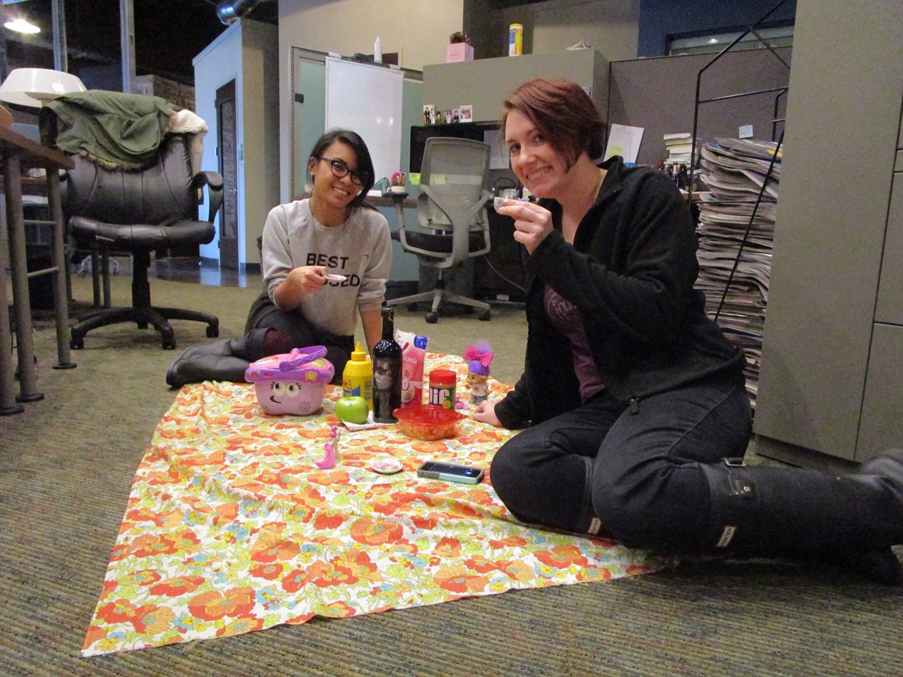 Have an indoor picnic
Spread a blanket on the ground, grab whatever you were gonna have for lunch anyway and dig in. Bonus points if wine and troll dolls are involved. (Photo by Michael Jackman)