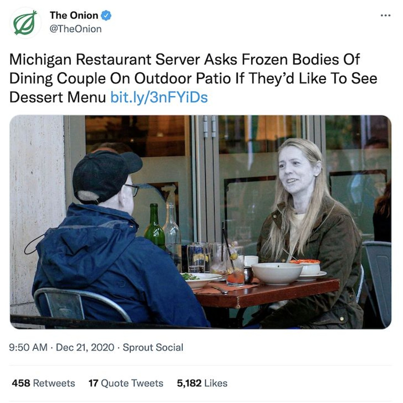 Michigan Restaurant Server Asks Frozen Bodies Of Dining Couple On Outdoor Patio If They&#146;d Like To See Dessert Menu
COVID-19 guidelines face difficulties in winter in Michigan as a waitress is seen asking two frozen bodies seated on the patio what they would like for dessert.