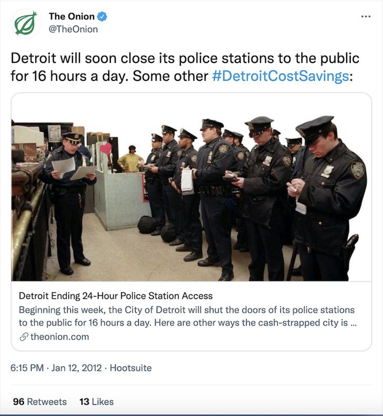 Detroit will soon close its police stations to the public for 16 hours a day. Some other #DetroitCostSavings:
In an attempt to cut city costs, Detroit announces that police stations will be closed to the public 16 hours a day as keeping stations open 24 hours a day was far too expensive. Additionally, Detroit Police will be changing the emergency number to 912 to lower call income.