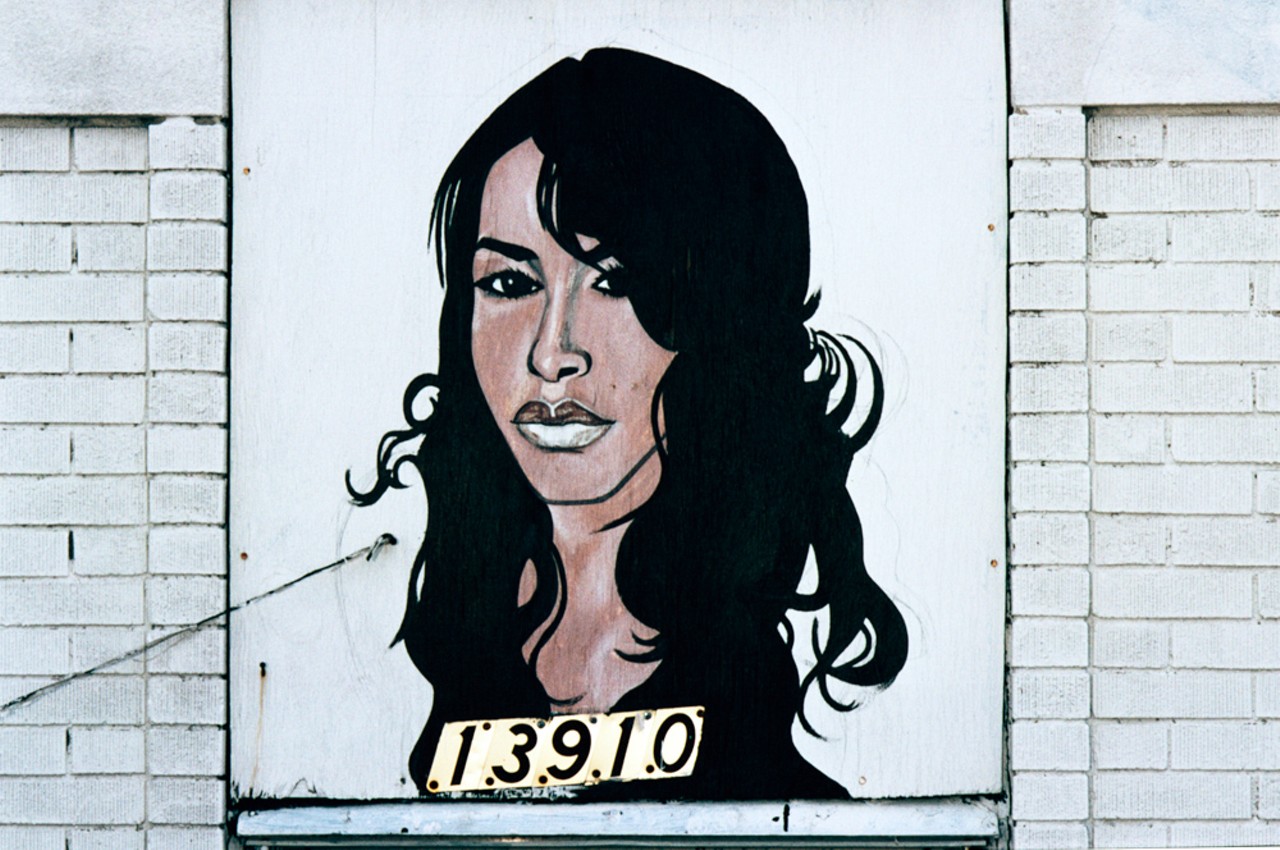 13910 Mack Ave., Detroit, 2008.  The woman portrayed is the deceased singer Aaliyah. Aaliyah attended the Performing Arts High School in Detroit. She had several hit records before dying in a plane crash in 2001. She was in two movies and was married to singer R.Kelly for a short time.