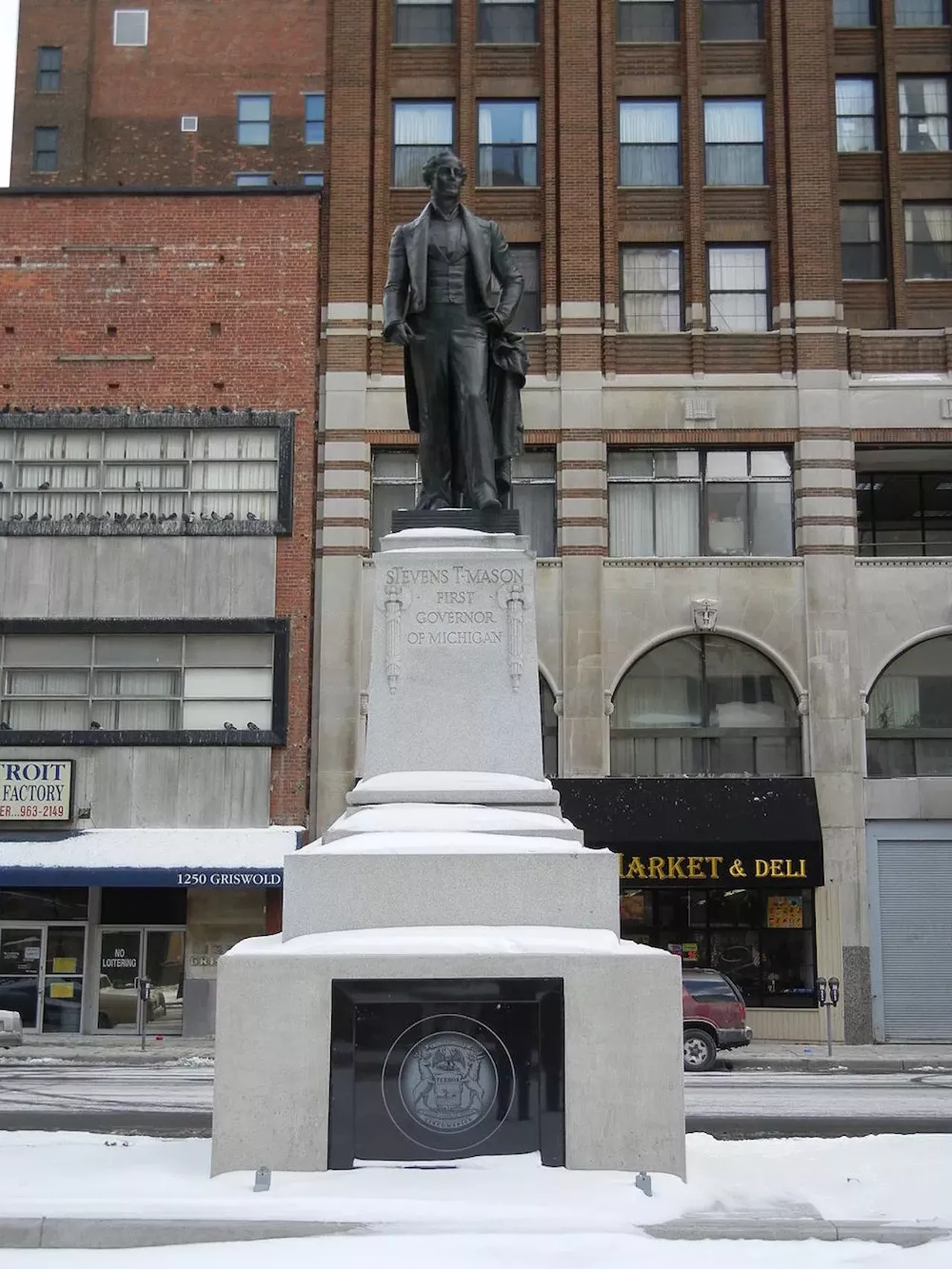 Stevens T. Mason Monument 1317 Griswold St., Detroit; historicdetroit.org/stevens-t-mason-monument Though Michigan&#146;s first and youngest governor, Stevens T. Mason, was originally buried in New York, his remains were relocated to Detroit in 1905 in a tomb beneath his statue. In 2010, Mason&#146;s statue was refurbished and his grave was exhumed, but nothing was there. A couple days later, Mason's tomb was discovered several feet away. Photo via Stevens T. Mason Monument/Wikipedia Commons