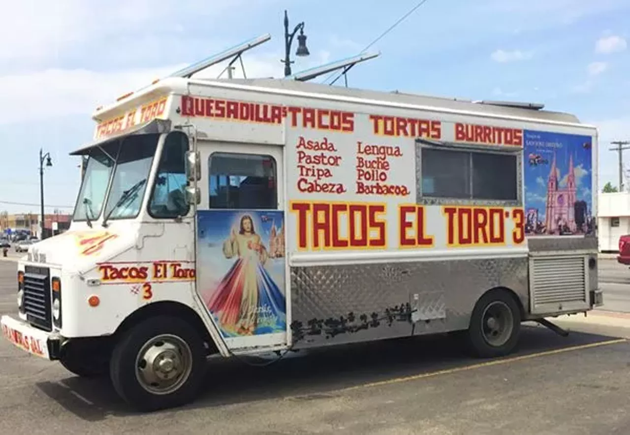 Tacos El Toro 3&nbsp; El Toro's truck is the most visually interesting with its painting of Jesus with the words Jesus en ti confio (Jesus, I trust in you) and a depiction of Jalisco's Templo de San Jose Obrero church. It sits on Southwest Detroit's far west side, and a comically grumpy lady will take your order (but that only adds to El Toro's charm). Here, the beef barbacoa is the best, and prepared in a traditional fashion. Photo by Tom Perkins.