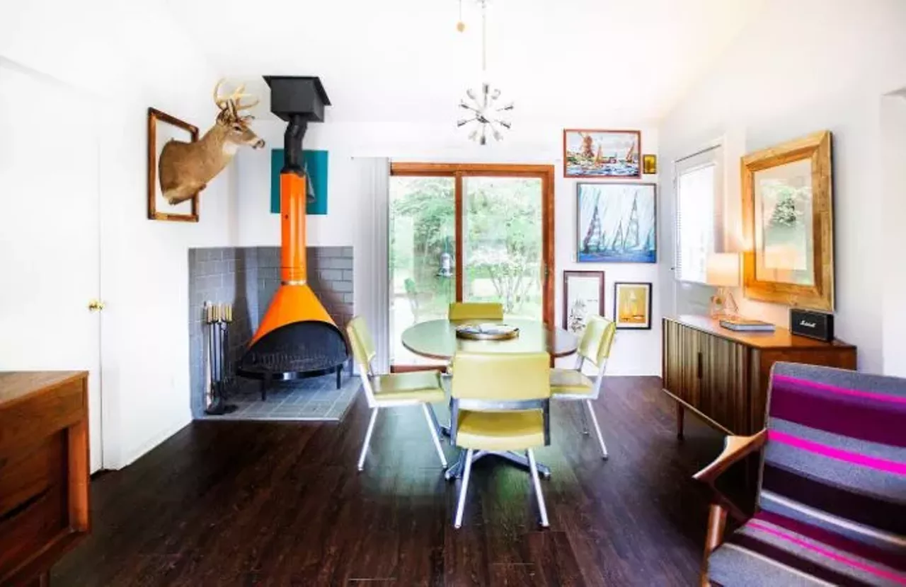 Mid Century Meets Rustic Charm (Saugatuck) 8 guests, 3 bedrooms, 1.5 baths $150 per night&nbsp; This exquisitely decorated mid-century modern home has a wood-burning fireplace, a deck with a grill, and a retro fire pit.&nbsp; Photo via Airbnb