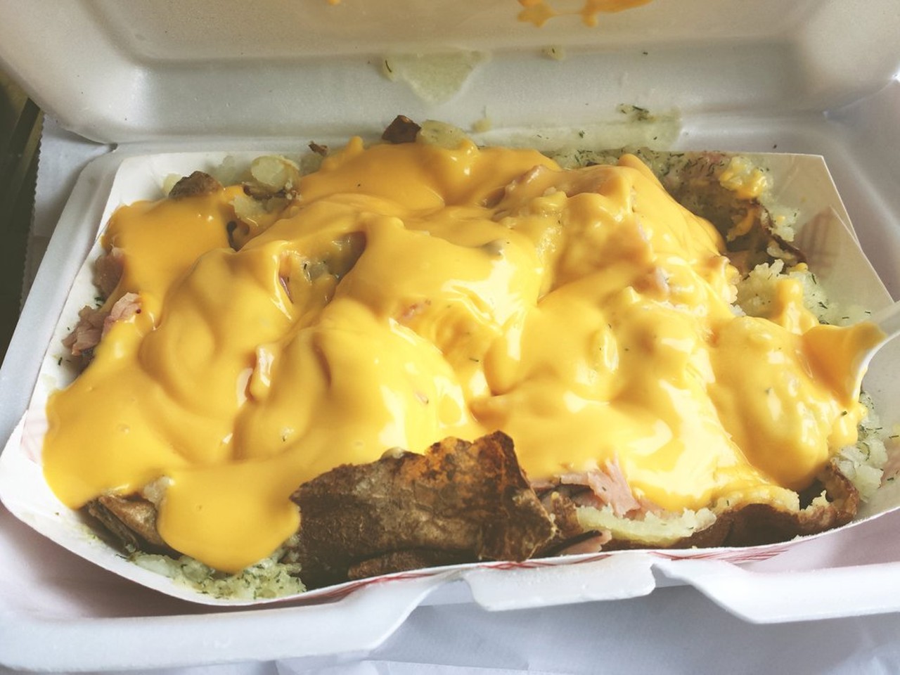 Potato Place
Detroit | 107 W Warren Ave | (313) 833-8948 
This small eatery is known for its gigantic-sized baked potatoes, stuffed with your choice of veggies, cheese and meats like steak, Italian sausage and ham. (Photo via Morgan H., Yelp)