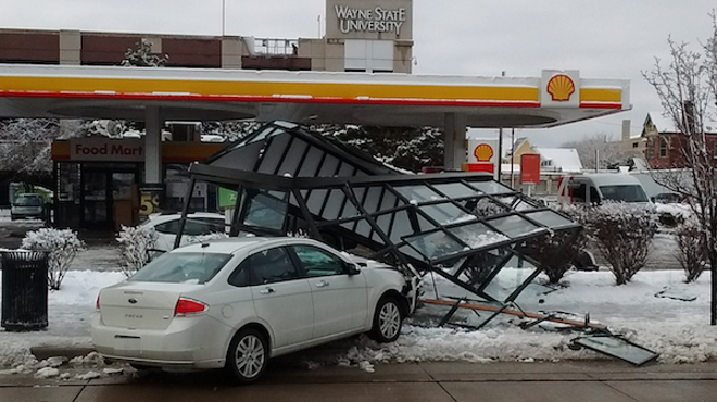 A shattered bus shelter in front of Shell Gas, 4661 Woodward Ave., Detroit.