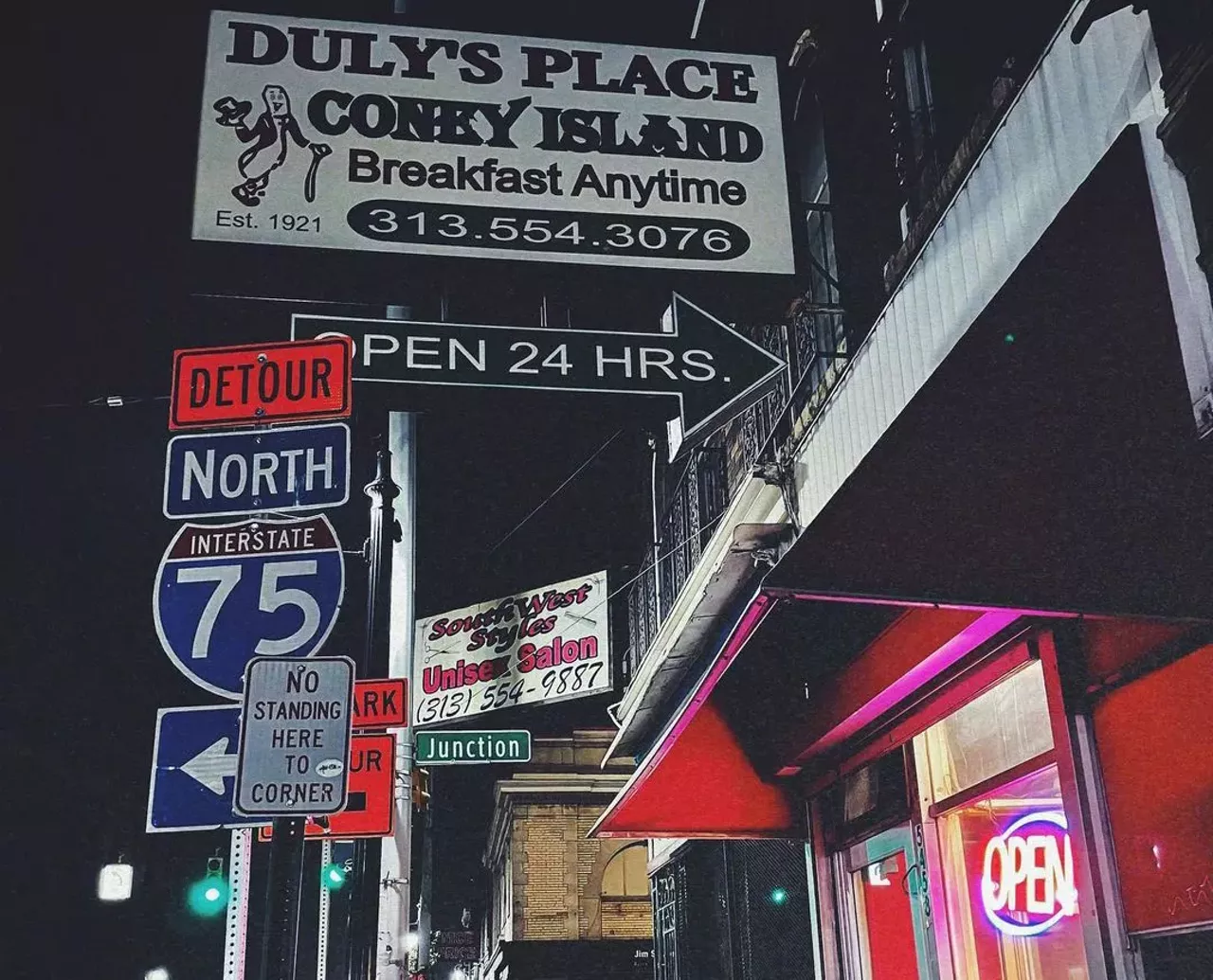 Duly’s Place Coney Island 5458 Vernor Hwy., Detroit; 313-554-3076; facebook.com/dulysconeyisland This no-frills spot, open 24 hours daily (except for Mondays, when it closes at 2 p.m.), has diner favorites at low prices, including coney dogs, chili cheese fries, gyros, eggs, and more.