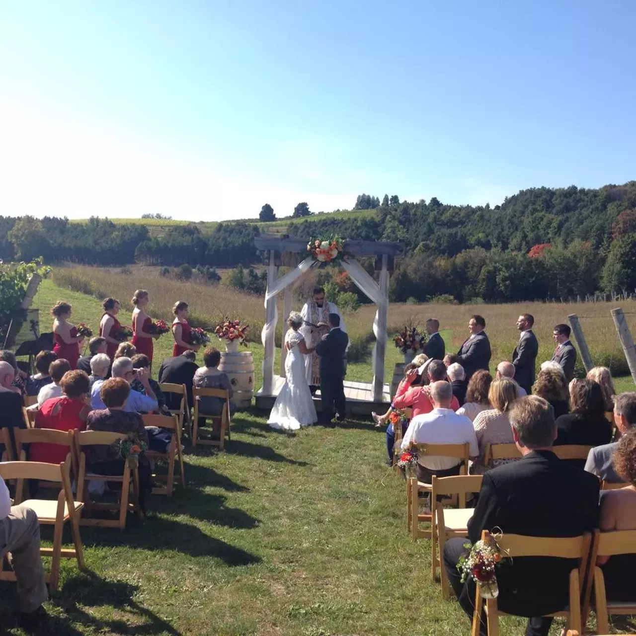 Forty-Five North Vineyard: Named for its location on the 45th parallel, Forty-Five North Vineyard is an elegant vineyard setting for a wedding. In its rustic post and beam barn, 80 guests can be accommodated comfortably and sample some of Michigan&#146;s finest wines and ciders. Located at 8580 E Horn Rd, Lake Leelanau. Photo via Facebook user Forty-Five North Vineyard.