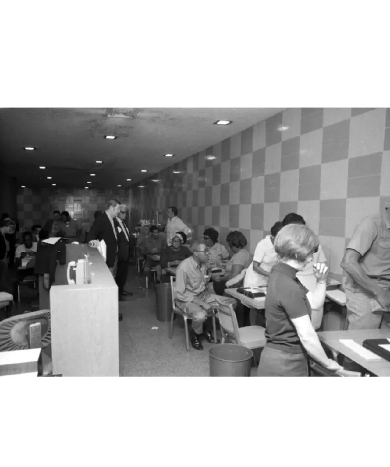 Workers checking ballots in basement cafeteria of City-County bldg. after breakdown of new punch-card voting system. (1970) All photos courtesy of Walter P. Reuther Library, Archives of Labor and Urban Affairs, Wayne State University