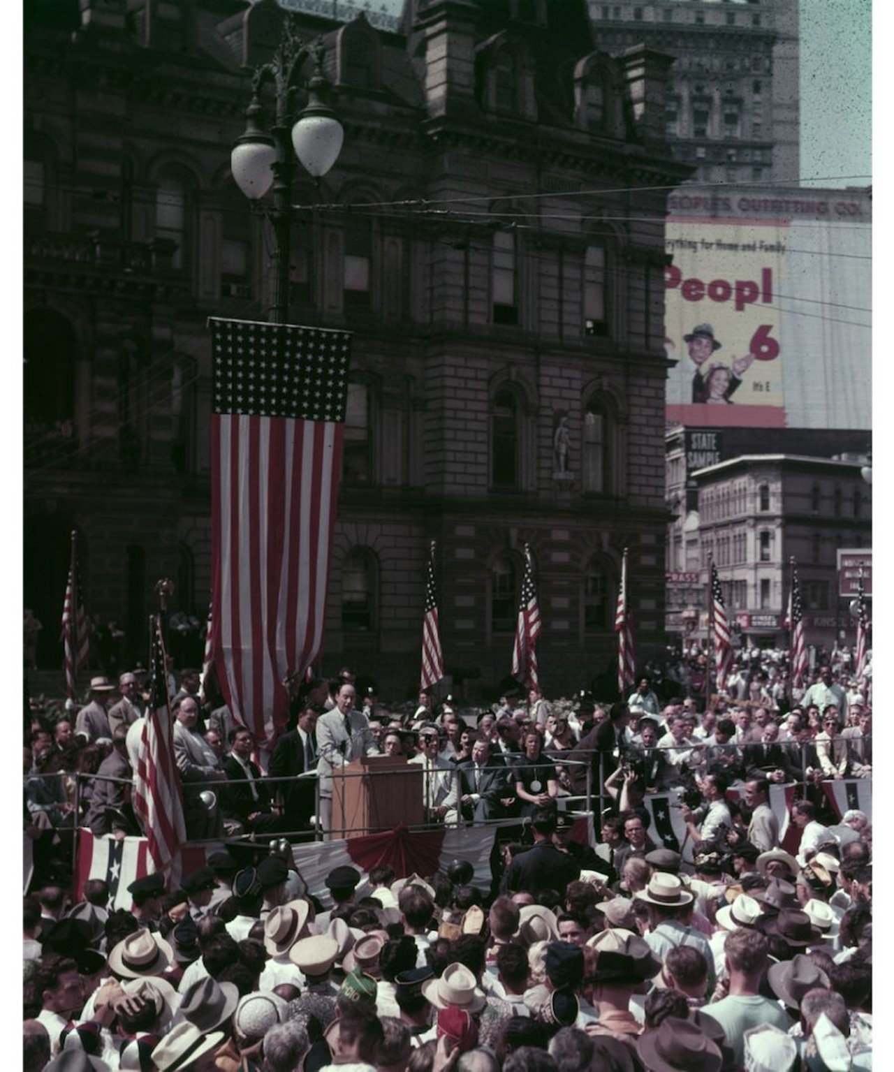 Presidential candidate Adlai Stevenson speaking in front of City Hall to labor crowd, Governor Williams, Blair Moody, Frank X Martell, Walter Reuther, and Mrs. Williams.(1952) 
All photos courtesy of Walter P. Reuther Library, Archives of Labor and Urban Affairs, Wayne State University