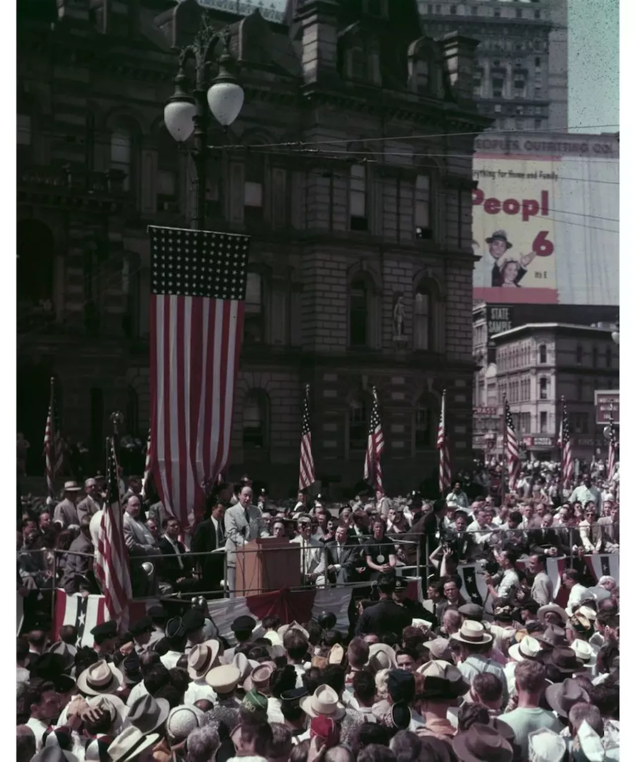 Presidential candidate Adlai Stevenson speaking in front of City Hall to labor crowd, Governor Williams, Blair Moody, Frank X Martell, Walter Reuther, and Mrs. Williams.(1952) All photos courtesy of Walter P. Reuther Library, Archives of Labor and Urban Affairs, Wayne State University