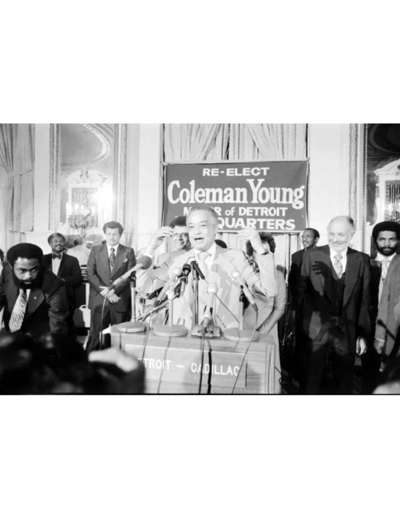 Detroit Mayor Coleman A. Young on election night with Gladys Whitt and Joyce Garrett. (1977) All photos courtesy of Walter P. Reuther Library, Archives of Labor and Urban Affairs, Wayne State University