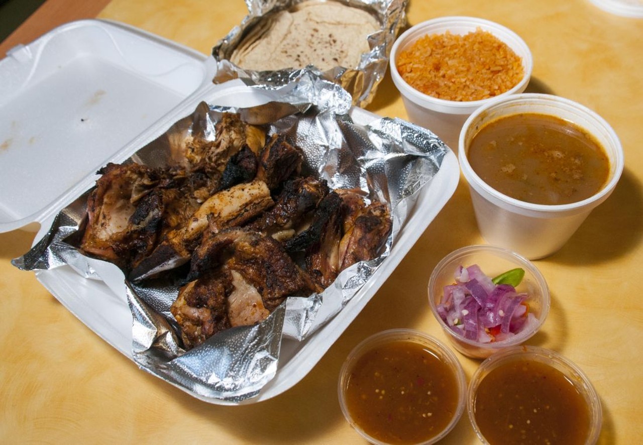 Pollos Los Gallos; 7135 Dix St, Detroit - Pollos Los Gallos smokes and barbecues whole birds on its huuuuge grills, chops them up, serves them with rice and beans and pickled veggies, and its one of the city's best meals. And it's a bargain, to boot.