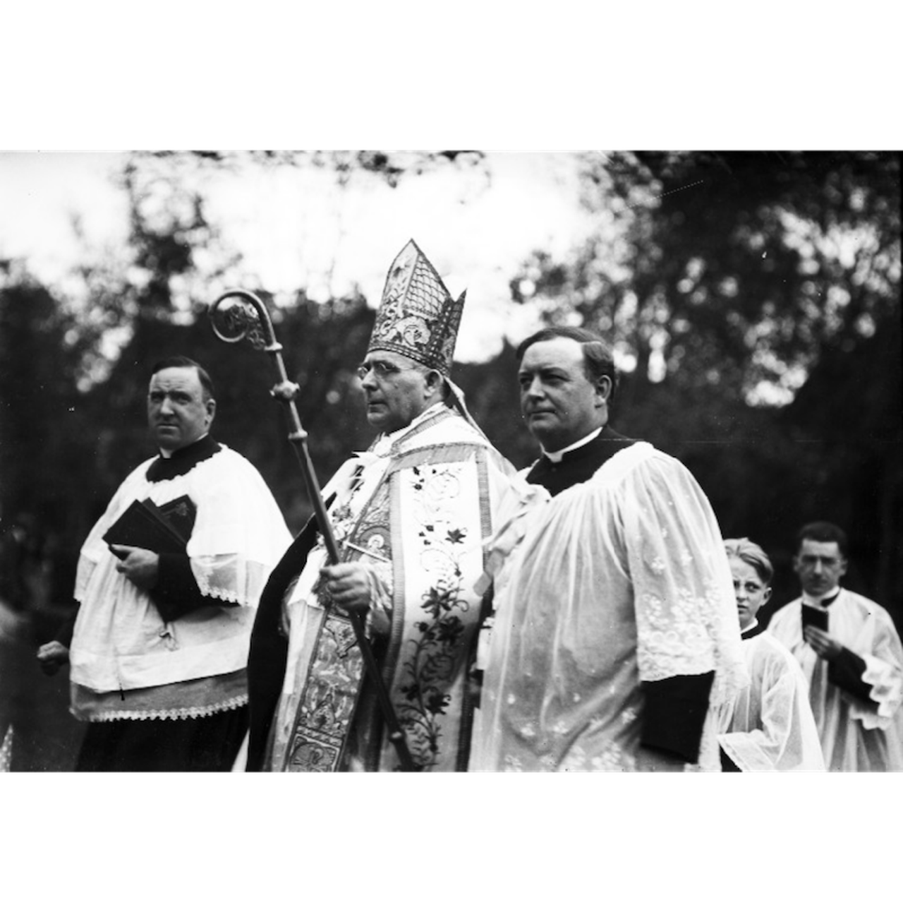 Bishop Michael J. Gallagher in Ecclesiastical Vestments. Thanksgiving groundbreaking at U of D. (1925) All photos courtesy of Walter P. Reuther Library, Archives of Labor and Urban Affairs, Wayne State University