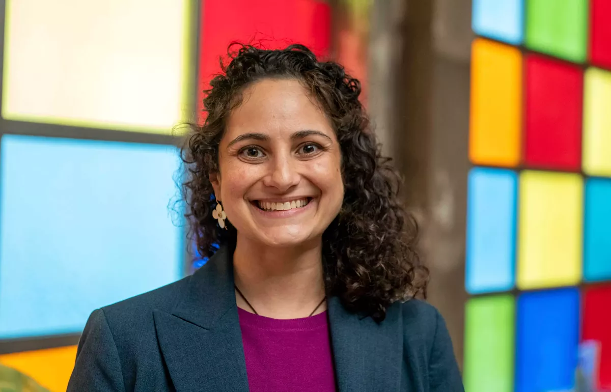 Image: Samantha Woll poses at Detroit’s Isaac Agree Downtown Synagogue.