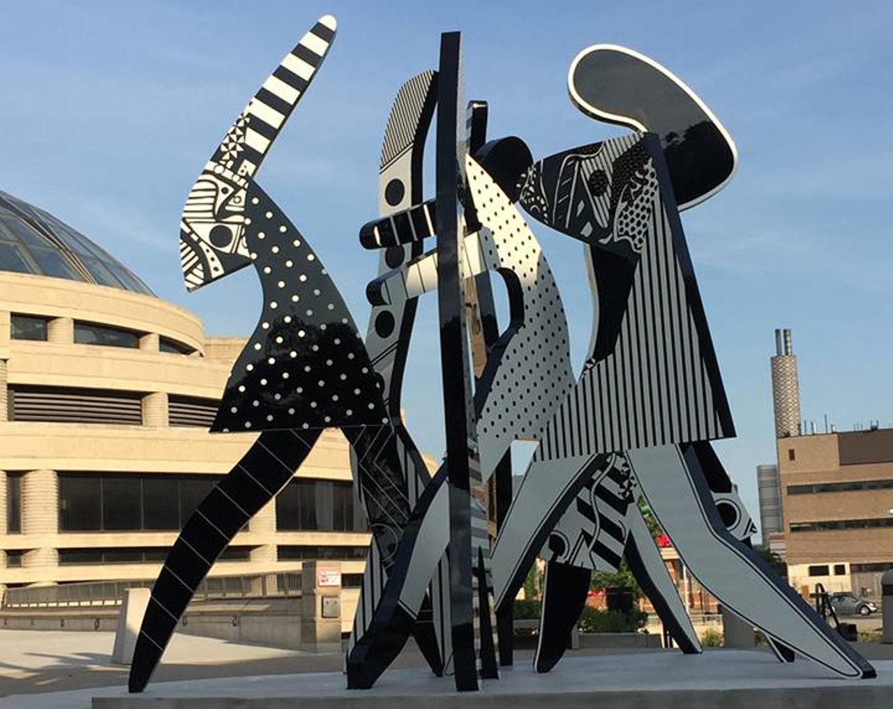 "United We Stand"
(315 E. Warren Ave., Detroit)
Detroit artist Charles McGee debuted this 20-foot-by-20-foot sculpture outside the Charles H. Wright Museum of African American History in 2016. The abstracted black-and-white forms are meant to signify the 50th anniversary of the infamous 1967 civil disturbance in Detroit. (Courtesy of Charles McGee's Facebook page)