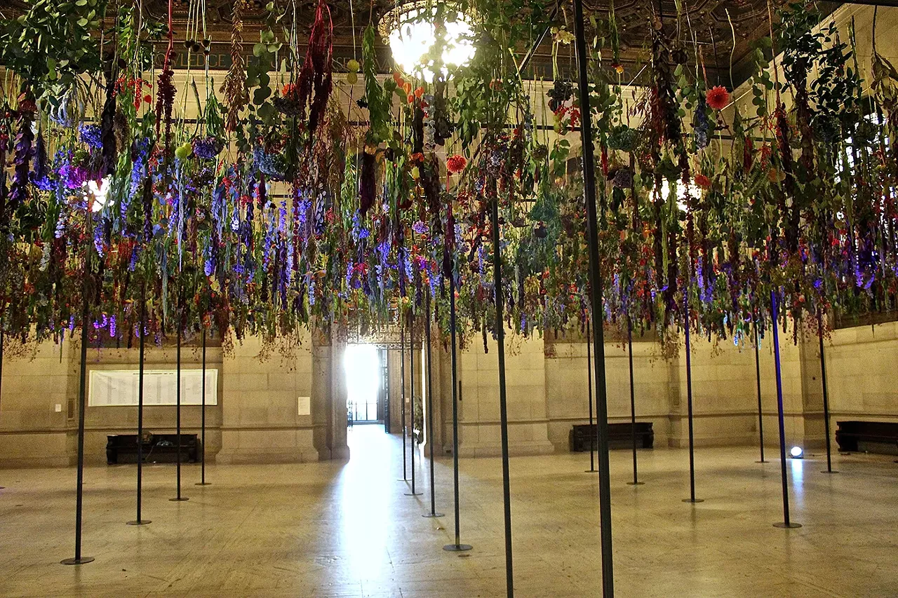 Detail and installation view of British botanical artist Joseph Massie's installation at the Detroit Public Library, the scene of a closing night dinner reception on October 15.