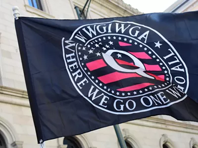 A flag promoting the Qanon conspiracy theory.