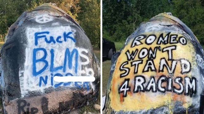 Anti-racism movement in conservative Romeo swells after rock defaced with racial slurs and blue lines