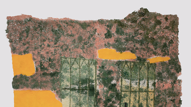 I can see through this 2018 Japanese handmade paper, acrylic paint, and thread, 52 x 74.5 inches.