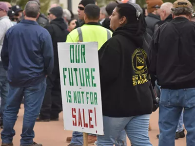 Striking Kellogg union workers and their supporters rally across from the Kellogg headquarters in Battle Creek, Oct. 27, 2021