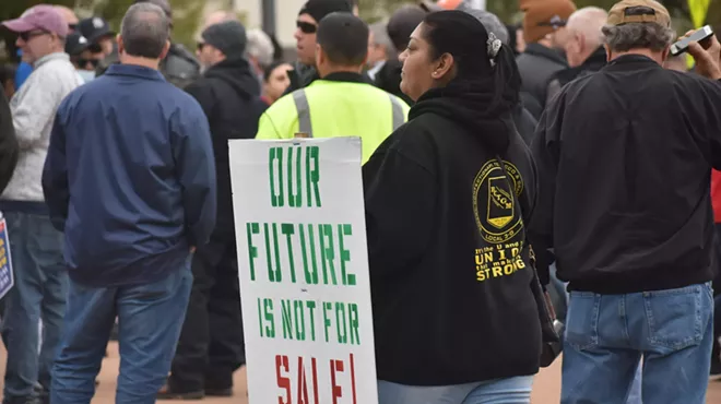 Striking Kellogg union workers and their supporters rally across from the Kellogg headquarters in Battle Creek, Oct. 27, 2021