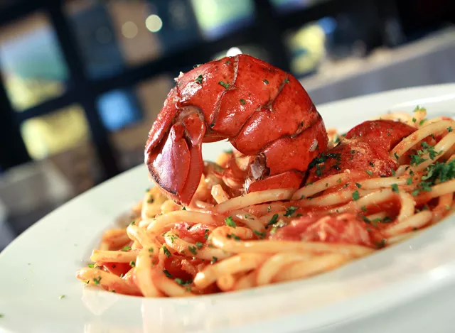 Astakomkaronatha, spaghetti in tomato cream sauce with butter poached lobster, from Santorini Estiatorio in Detroit.
