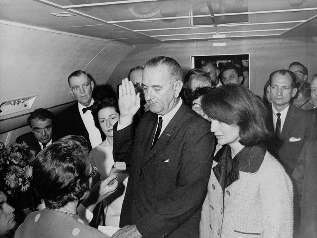 Lyndon B. Johnson takes the oath of office on Air Force One after Kennedy's assassination. Stephen King, among others, ponders where America would be without him. (Photo by Cecil W. Stoughton, White House Press Office)