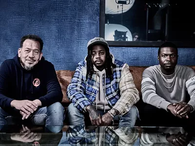 Rapper Babyface Ray (center) with Elliot Wilson (left) and Brian "B.Dot" Miller (right) of the Rap Radar podcast.