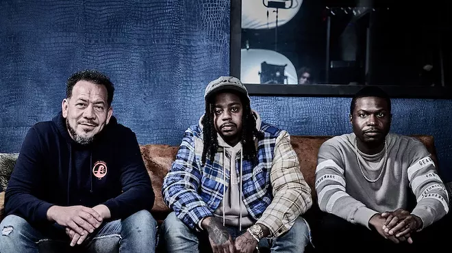 Rapper Babyface Ray (center) with Elliot Wilson (left) and Brian "B.Dot" Miller (right) of the Rap Radar podcast.
