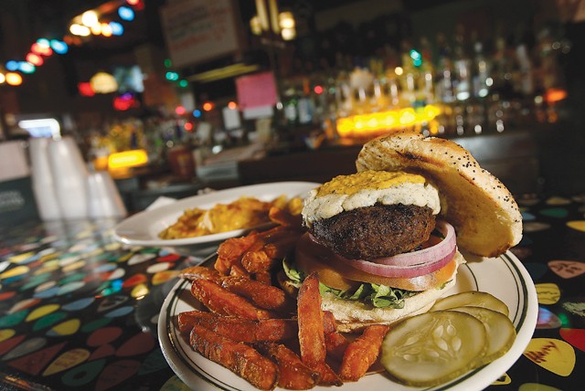 Black 'n Blue Burger with sweet potato fries and a side of mac 'n' cheese, from PJ's Lager House in Detroit. - MT photo: Rob Widdis