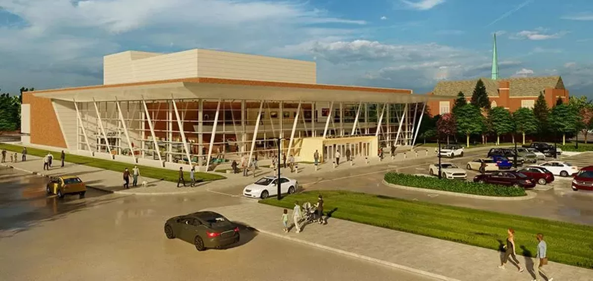 Image: A rendering of the proposed A. Paul and Carol C. Schaap Center for the Performing Arts along the Detroit and Grosse Pointe Park border.