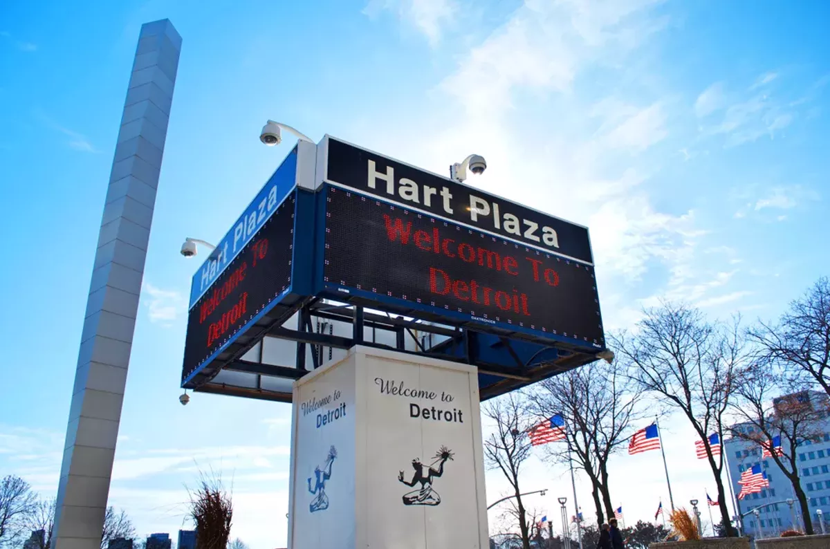 Image: A sign welcomes visitors to Detroit’s Hart Plaza.