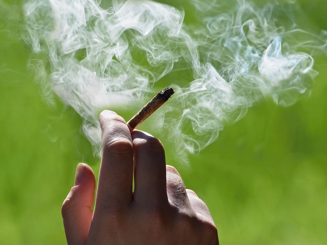 A person smoking a marijuana joint.
