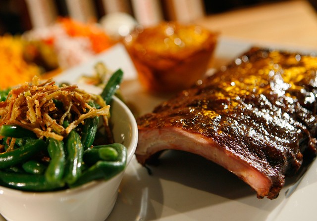 Carolina pork back ribs with mac and cheese, green beans and fried leeks. - MT Photo: Rob Widdis