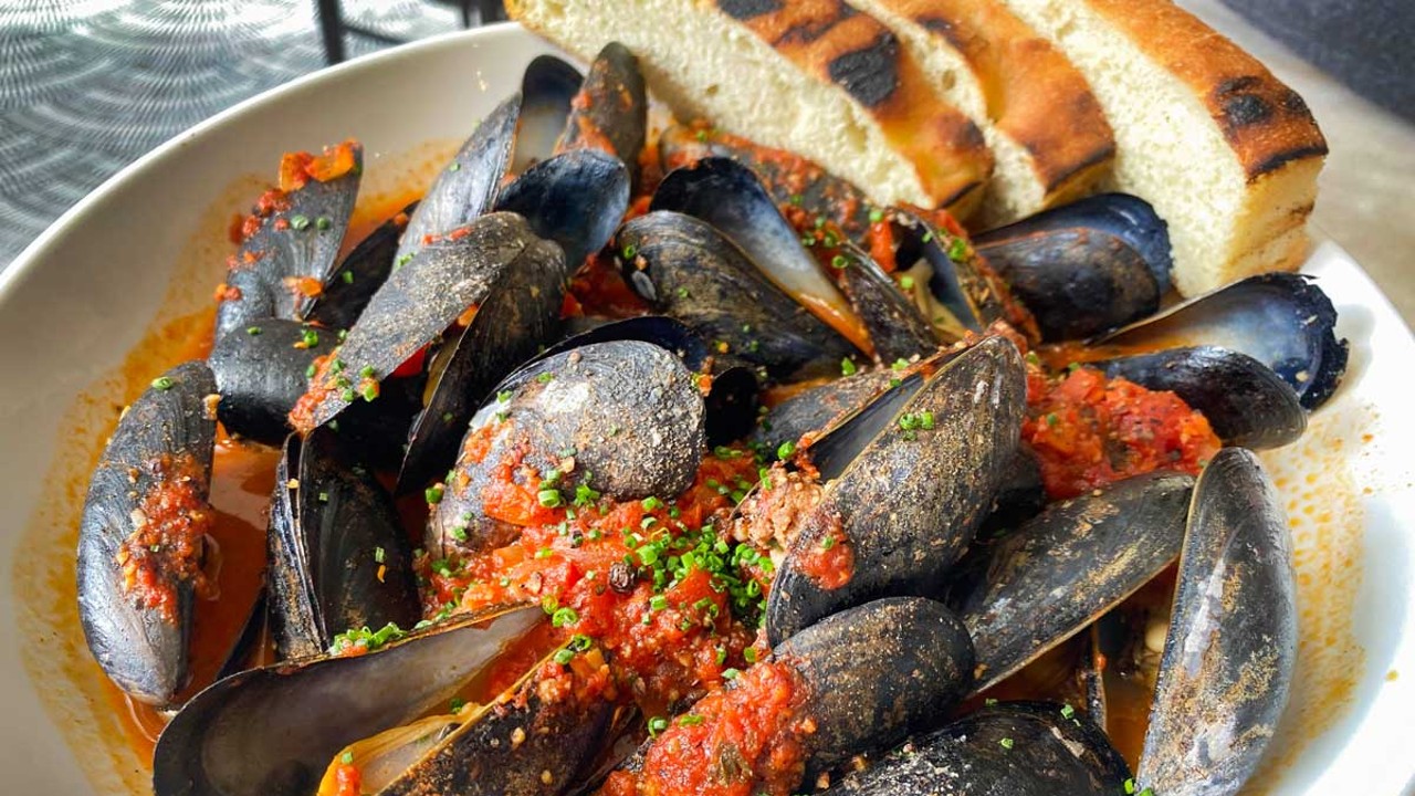 Ciao serves its mussels in a shakshuka sauce with merguez, essentially a Moroccan plate.