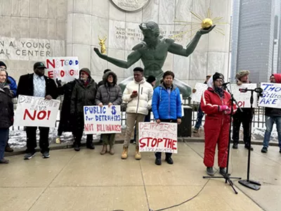 Protesters called on Detroit City Council to oppose a tax incentive plan for the Ilitch organization and billionaire Stephen Ross earlier this month.