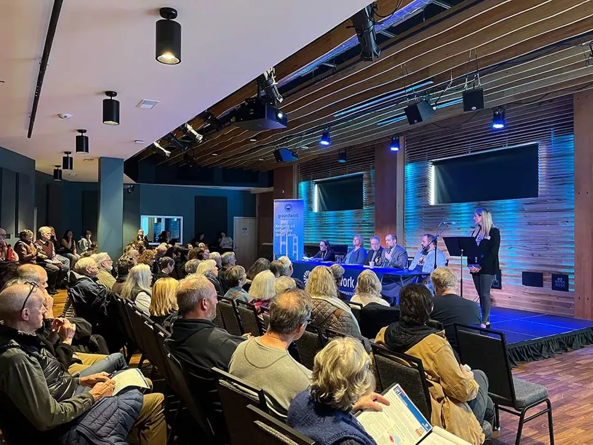 Image: People attending a panel organized by groups opposed to Enbridge's Line 5 tunnel project in Traverse City on April 24, 2024.