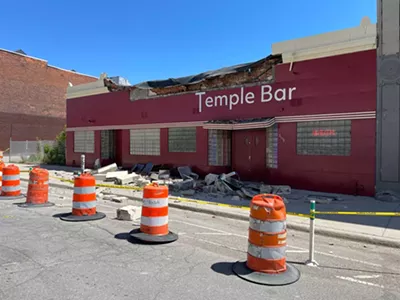 The facade and parapet of Detroit’s Temple Bar crumbled in May.