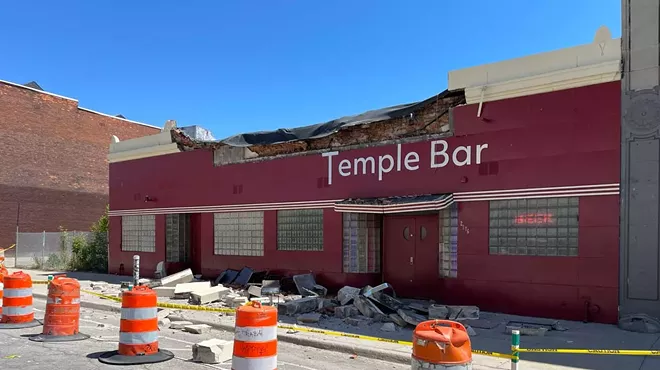 The facade and parapet of Detroit’s Temple Bar crumbled in May.