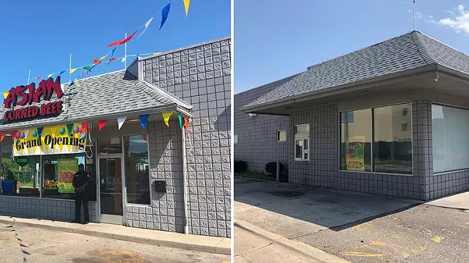 The Asian Corned Beef at 19102 Woodward Ave., Detroit in 2019 (left) and today (right), where it sits empty.