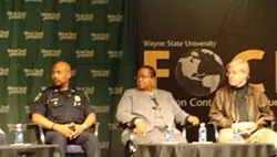 Detroit Chief of Police Ralph Godbe, Wayne County Prosecutor Kym Worthy and Senior Fellow at the Manhattan Institute George Kelling at WSU's City Under Siege forum. - Larry Gabriel